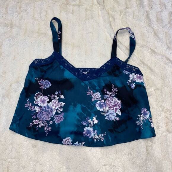 Urban Outfitters Lace Blue Floral Crop Tank Top | Sz S - Picture 2 of 5